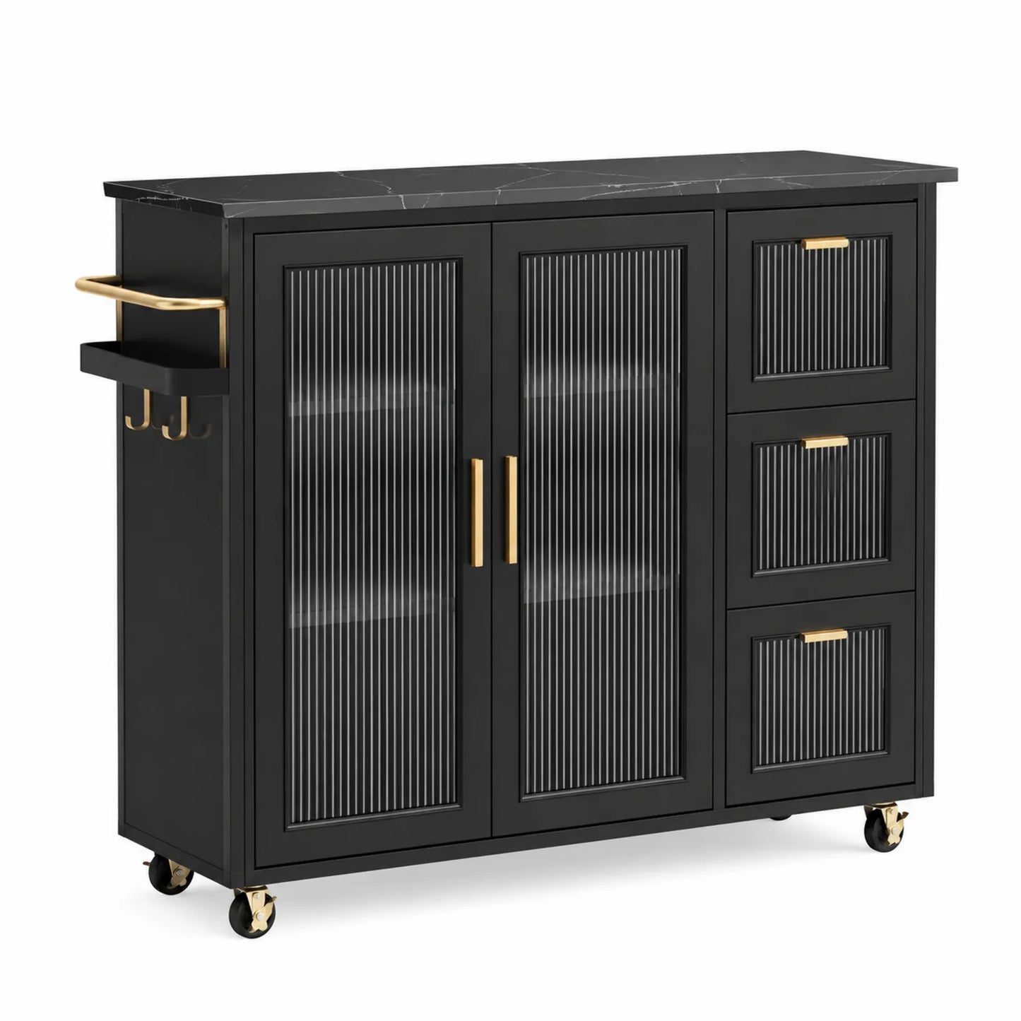 Aparador de madera negra con puertas de cristal acanalado y ruedas