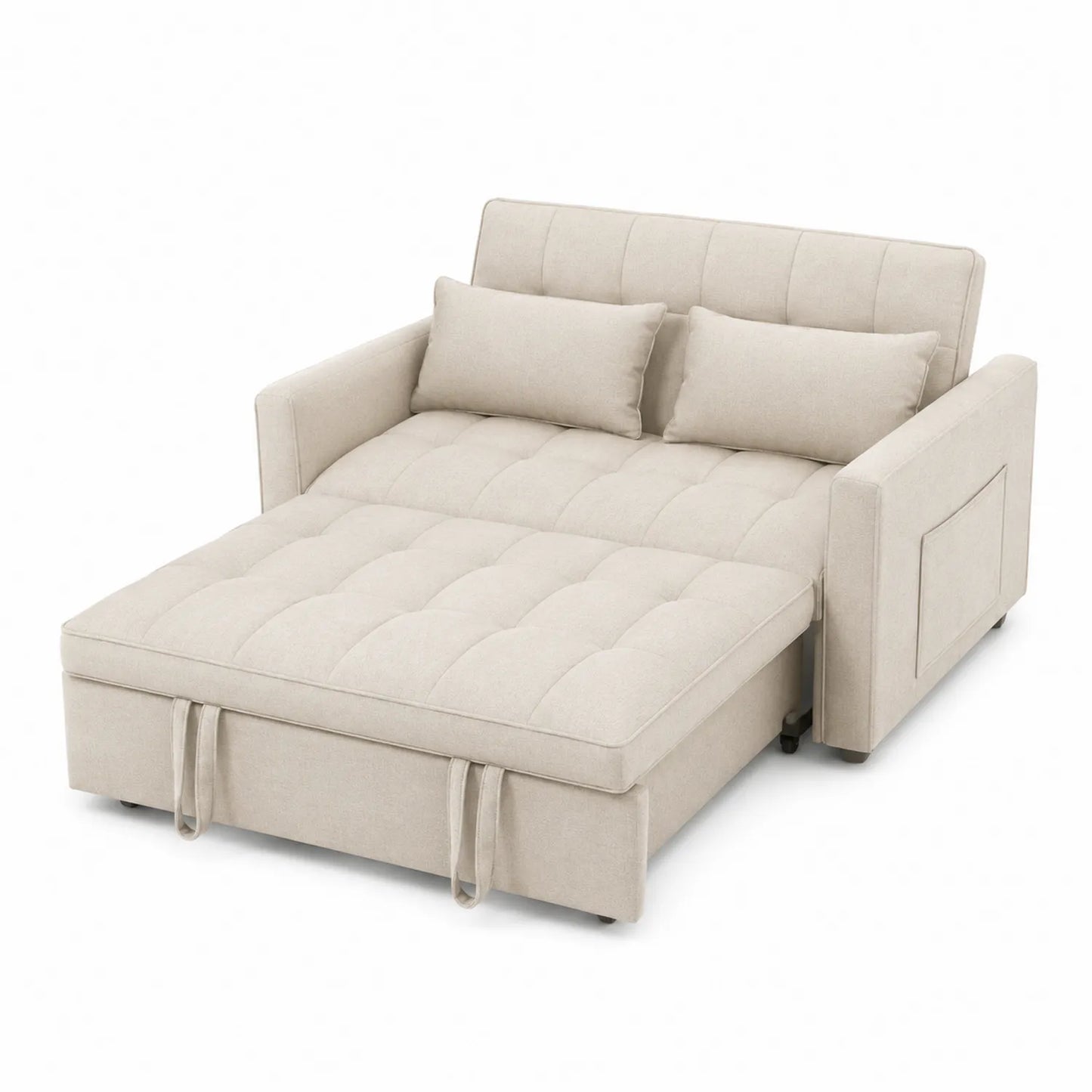 Sofá cama de tela beige con cojines