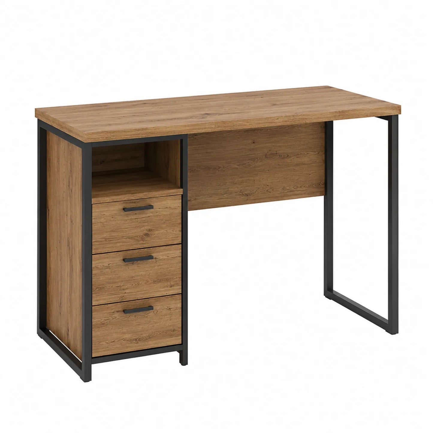 Escritorio de MDF con cajones y estructura de metal negro