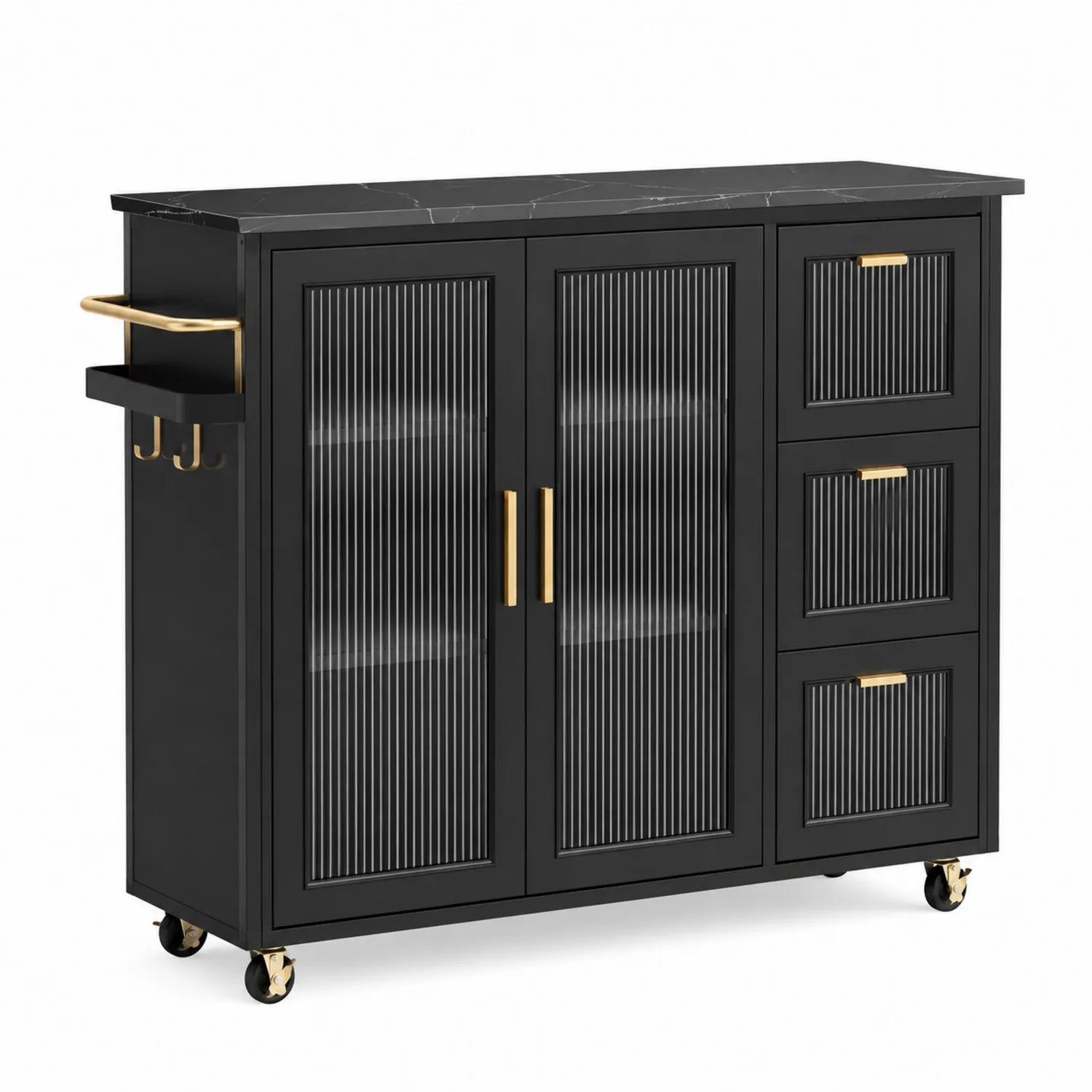 Aparador de madera negra con puertas de cristal acanalado y ruedas
