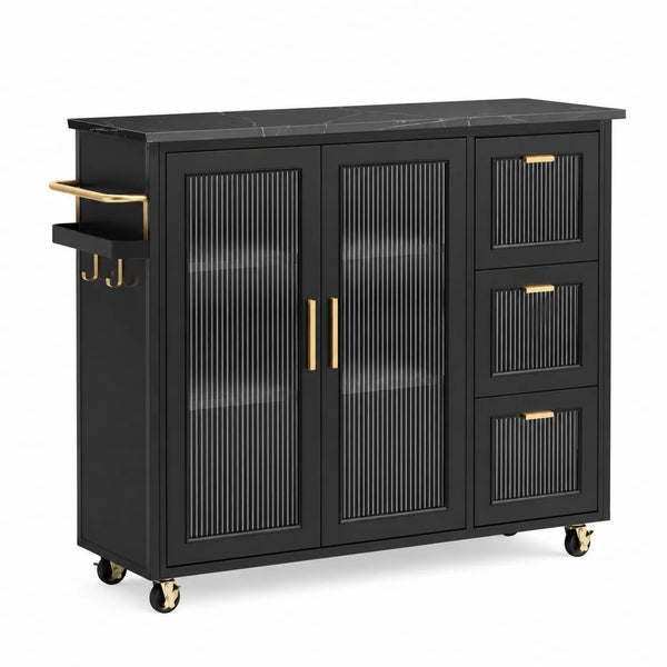 Aparador de madera negra con puertas de cristal acanalado y ruedas