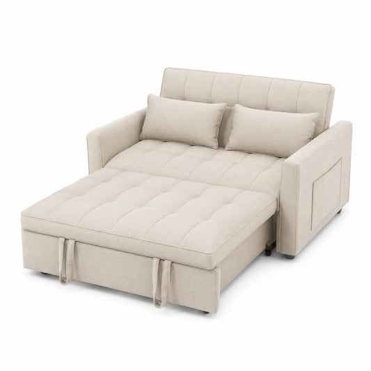 Sofá cama de tela beige con cojines