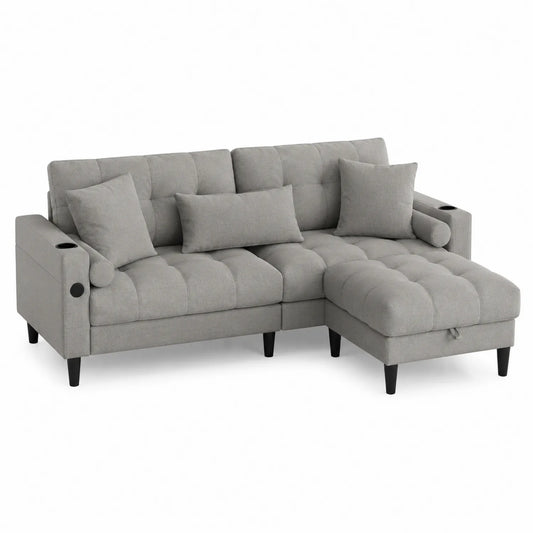 Sofá Seccional Reversible en L de Tela Gris 3 Plazas