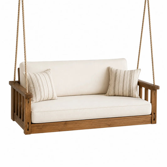 Columpio colgante de madera con cojines de poliéster beige