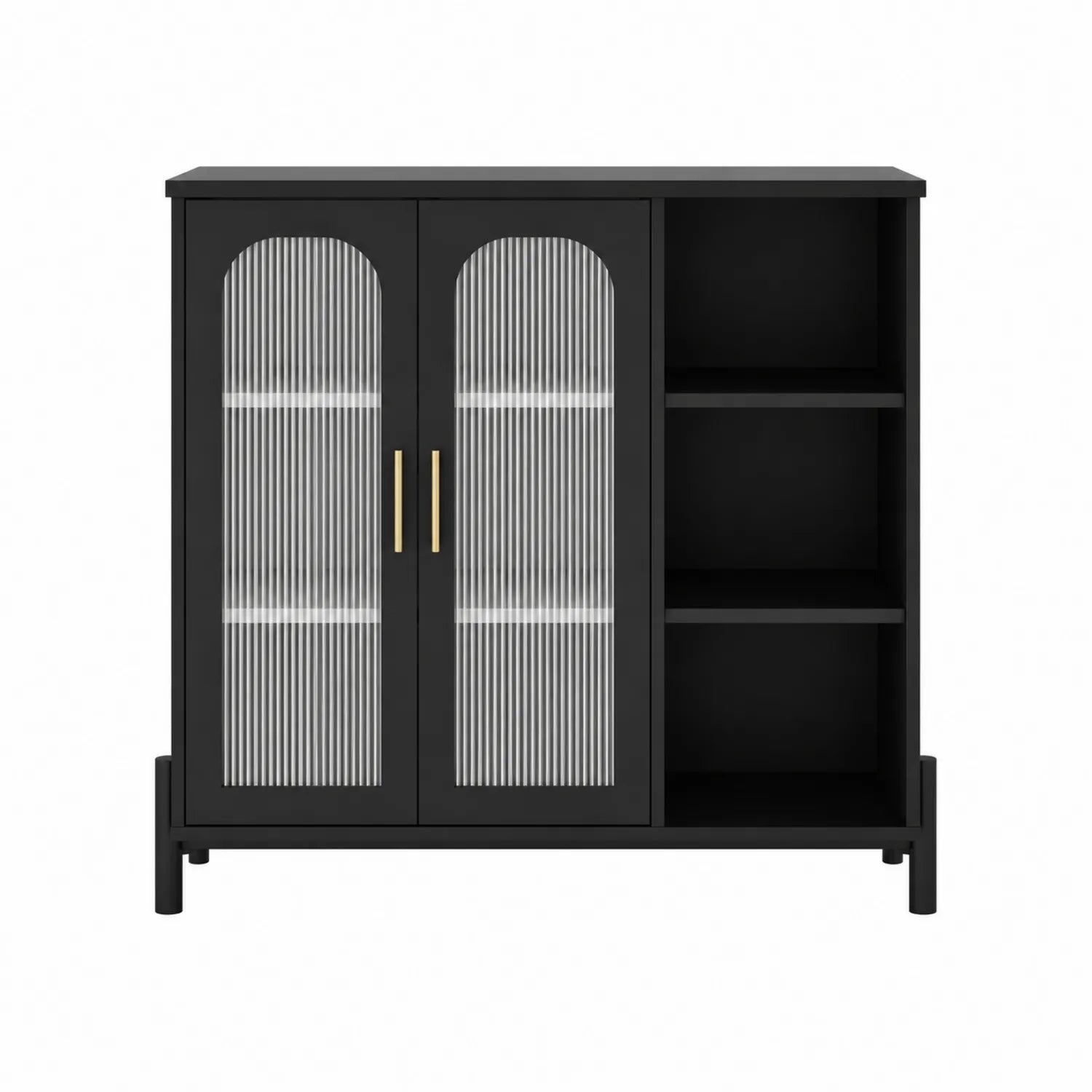 Armario de Almacenamiento Negro con Puertas de Vidrio y Estantes Abiertos