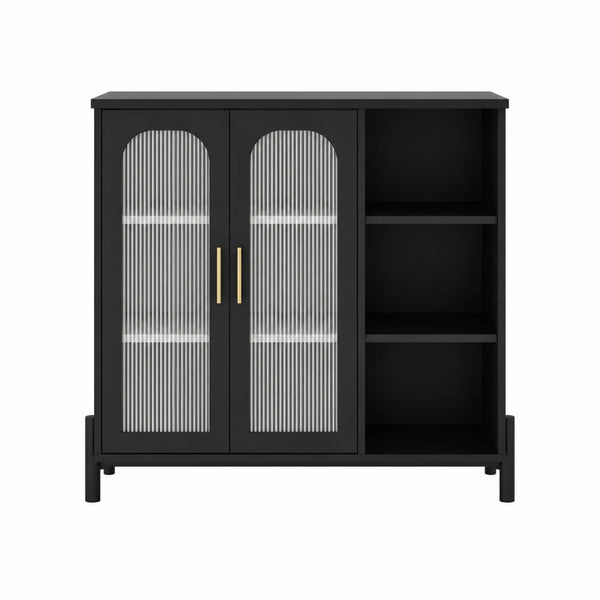 Armario de Almacenamiento Negro con Puertas de Vidrio y Estantes Abiertos
