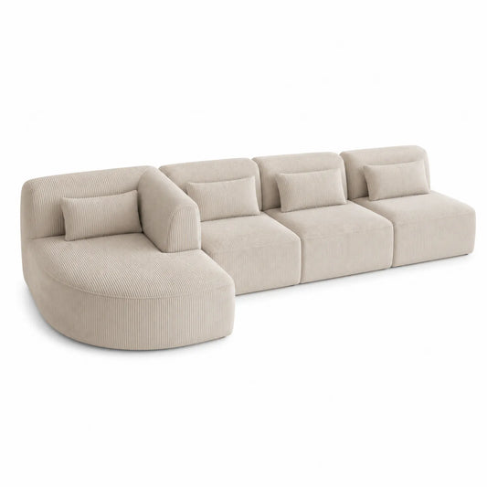 Sofá modular en pana beige con chaise longue y cojines 300x90x75 cm